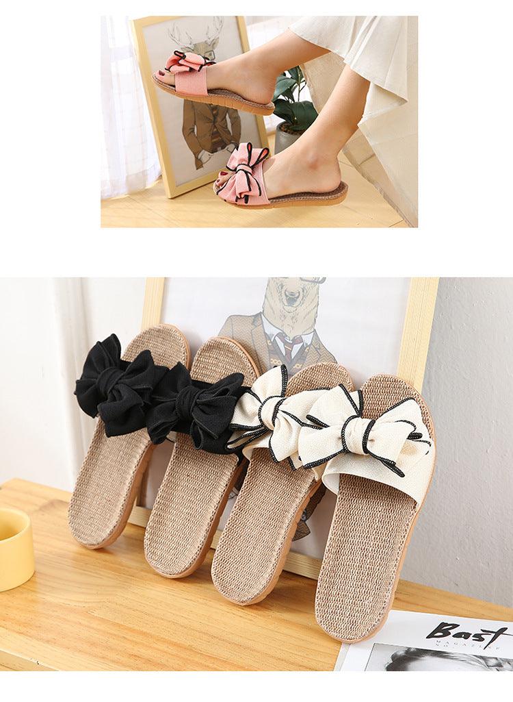 Pantoufles décontractées d'été pour femmes, sandales confortables en lin avec nœud à rayures, tongs de plate-forme, pantoufles d'intérieur d'été, pantoufles en lin pour femmes, pantoufles à fleurs