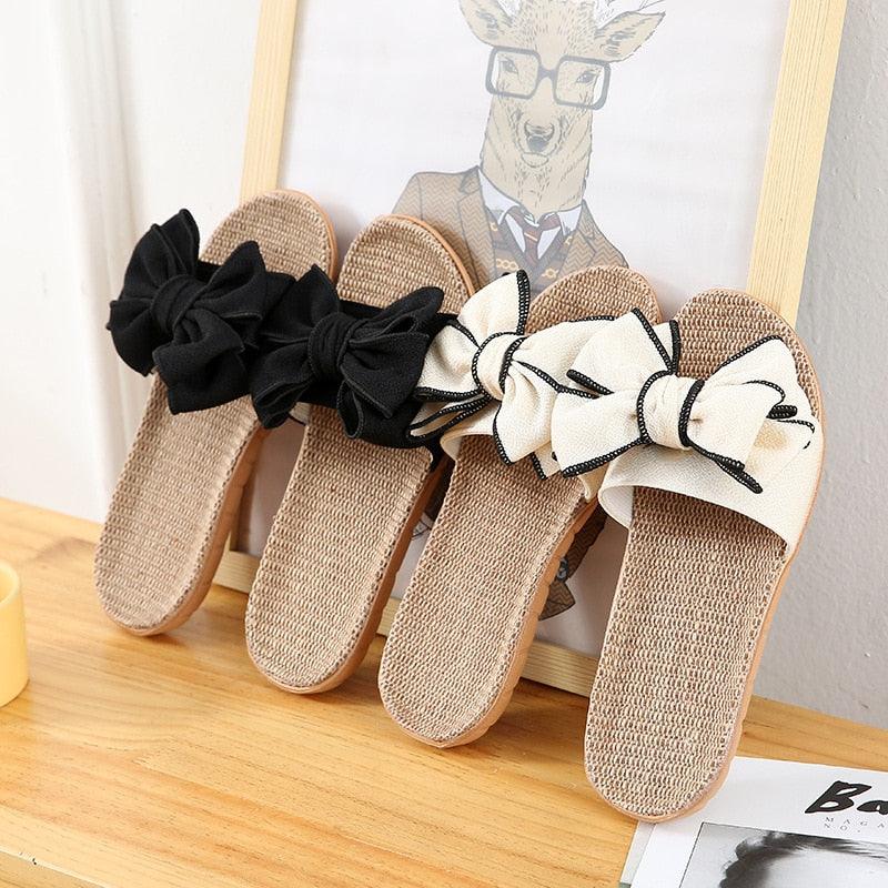 Pantoufles décontractées d'été pour femmes, sandales confortables en lin avec nœud à rayures, tongs de plate-forme, pantoufles d'intérieur d'été, pantoufles en lin pour femmes, pantoufles à fleurs