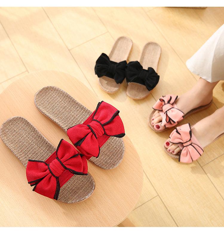 Pantoufles décontractées d'été pour femmes, sandales confortables en lin avec nœud à rayures, tongs de plate-forme, pantoufles d'intérieur d'été, pantoufles en lin pour femmes, pantoufles à fleurs