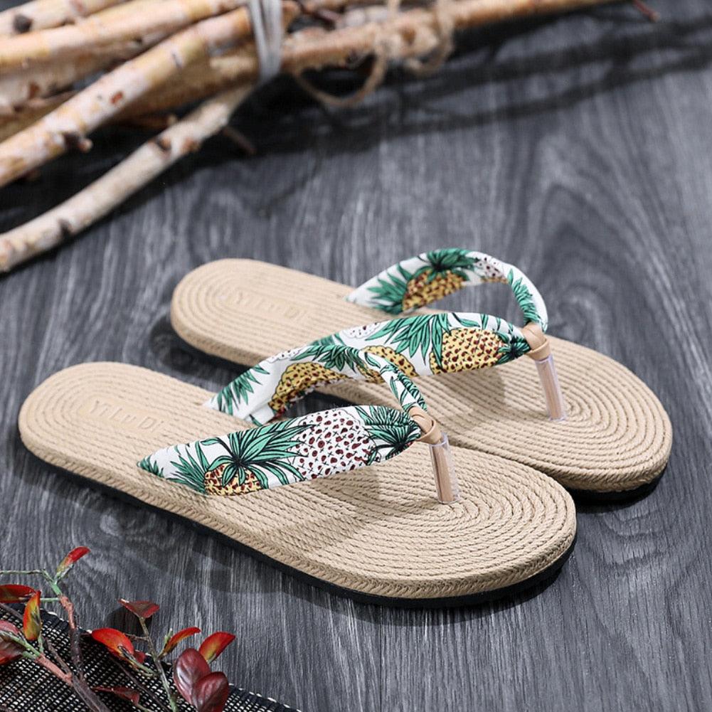 Tongs d'été fleuries pour femme, sandales de plage, chaussons en corde de chanvre, tongs de voyage, chaussons d'intérieur unisexes, chaussons en lin pour femme, chaussons respirants à bout ouvert