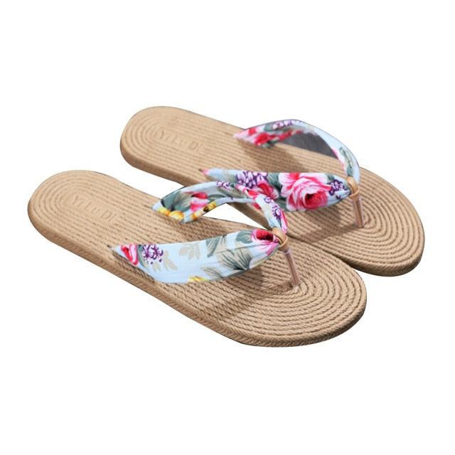 Tongs d'été fleuries pour femme, sandales de plage, chaussons en corde de chanvre, tongs de voyage, chaussons d'intérieur unisexes, chaussons en lin pour femme, chaussons respirants à bout ouvert