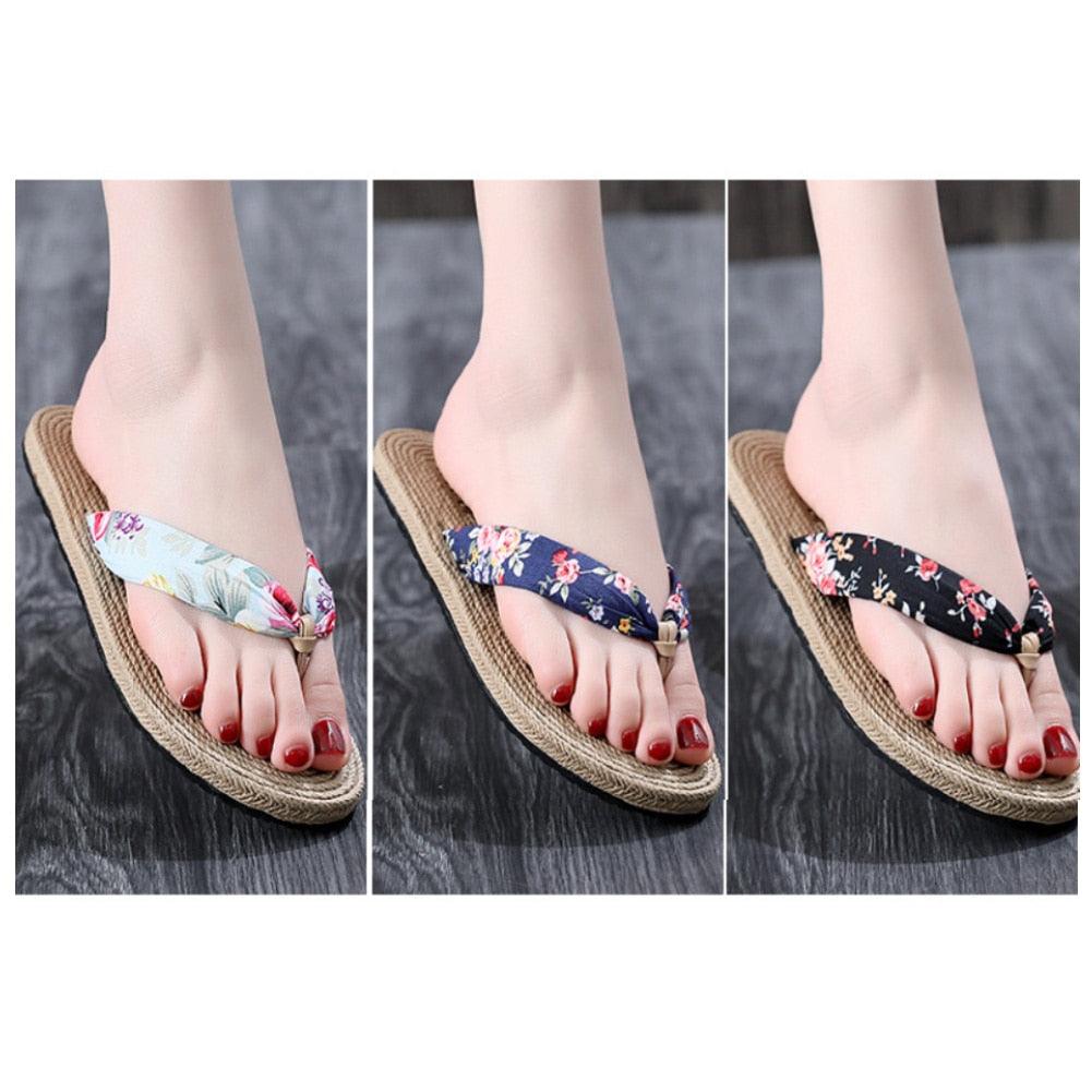 Tongs d'été fleuries pour femme, sandales de plage, chaussons en corde de chanvre, tongs de voyage, chaussons d'intérieur unisexes, chaussons en lin pour femme, chaussons respirants à bout ouvert