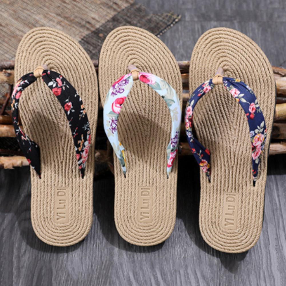 Tongs d'été fleuries pour femme, sandales de plage, chaussons en corde de chanvre, tongs de voyage, chaussons d'intérieur unisexes, chaussons en lin pour femme, chaussons respirants à bout ouvert