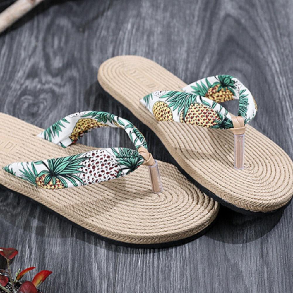 Tongs d'été fleuries pour femme, sandales de plage, chaussons en corde de chanvre, tongs de voyage, chaussons d'intérieur unisexes, chaussons en lin pour femme, chaussons respirants à bout ouvert