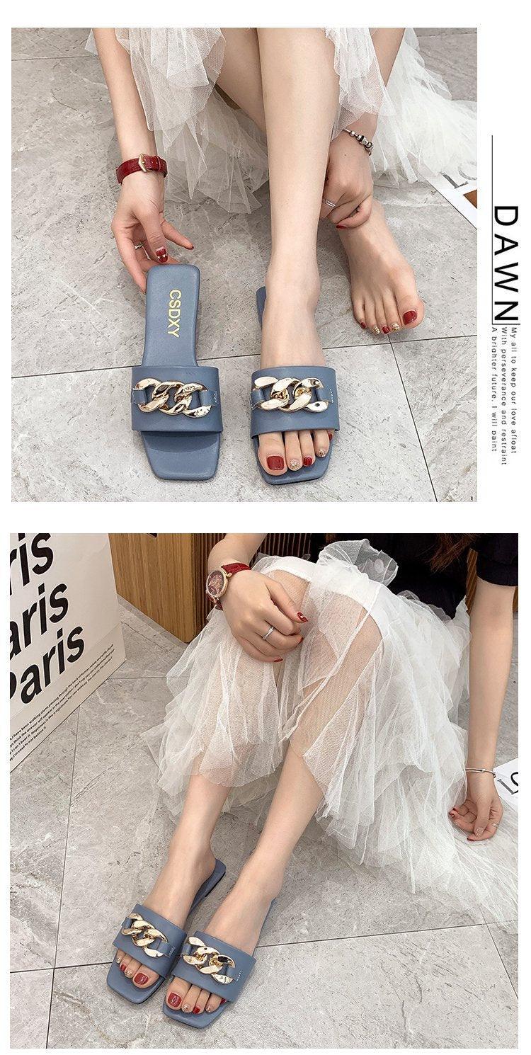 Pantoufles d'été pour femmes à bout carré avec chaîne, tongs plates, sandales de plage, chaussures décontractées pour femmes, chaussures à talon, sandales plates à bout ouvert, talons décolletés, pantoufles