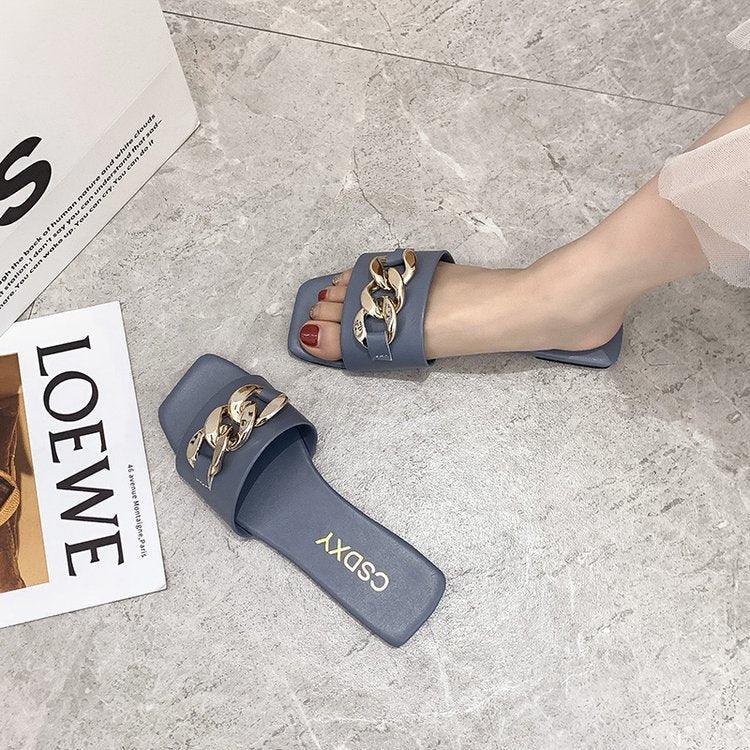 Pantoufles d'été pour femmes à bout carré avec chaîne, tongs plates, sandales de plage, chaussures décontractées pour femmes, chaussures à talon, sandales plates à bout ouvert, talons décolletés, pantoufles