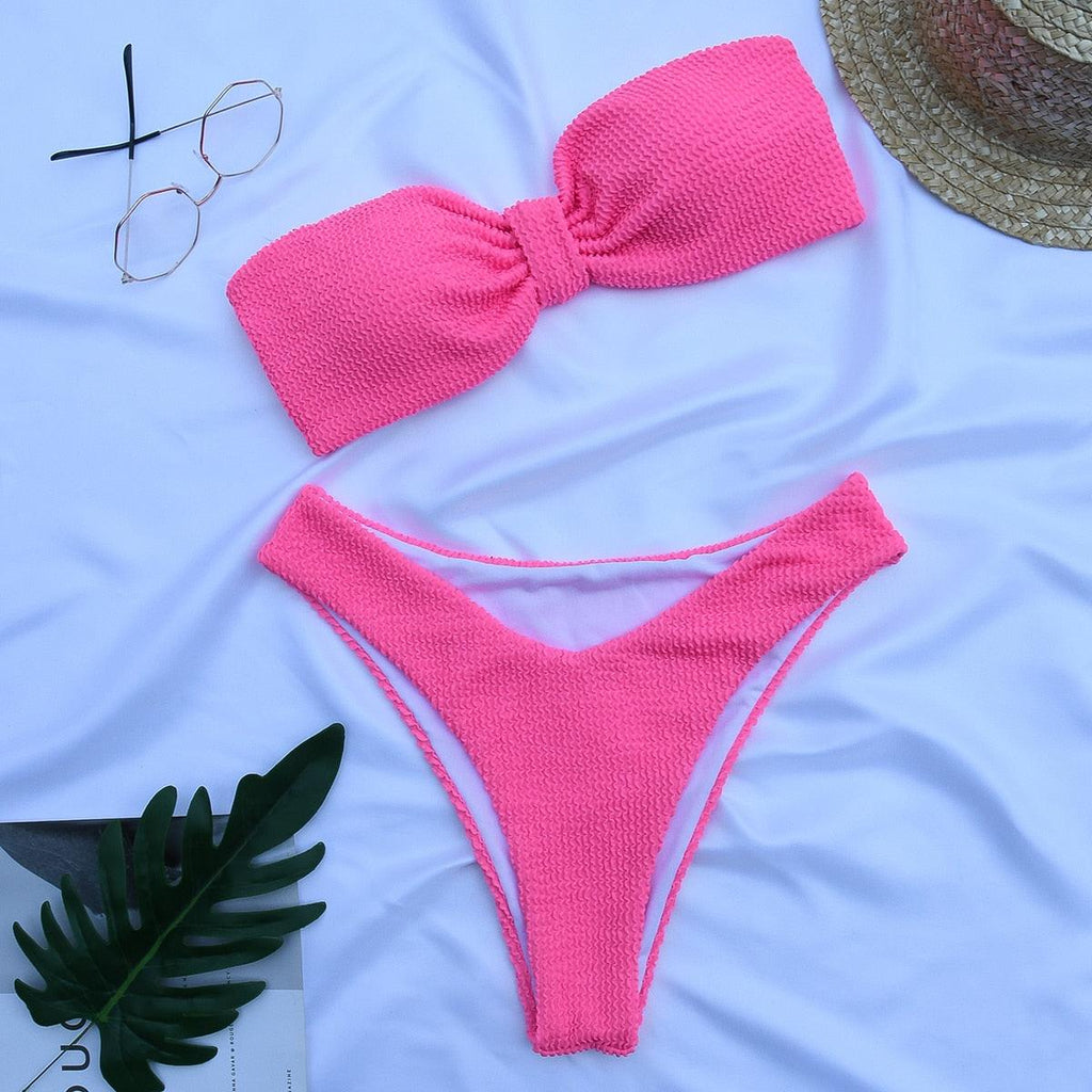 Maillot de bain pour femme - Bikini pour femme - Ensemble de maillot de bain pour femme - Ensemble de bikini bandeau - Maillot de bain push-up - Maillot de bain de plage - Ensemble de maillot de bain de plage taille haute à épaules dénudées