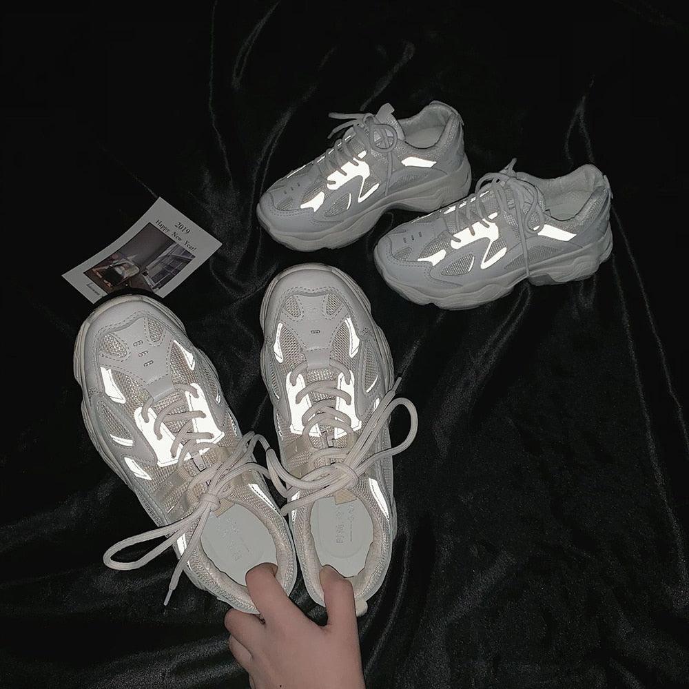 Baskets épaisses pour femmes, mode, maille, baskets épaisses, chaussures décontractées, automne, réfléchissantes, confortables, à semelle épaisse, plates blanches, plateforme haute, à lacets, baskets blanches