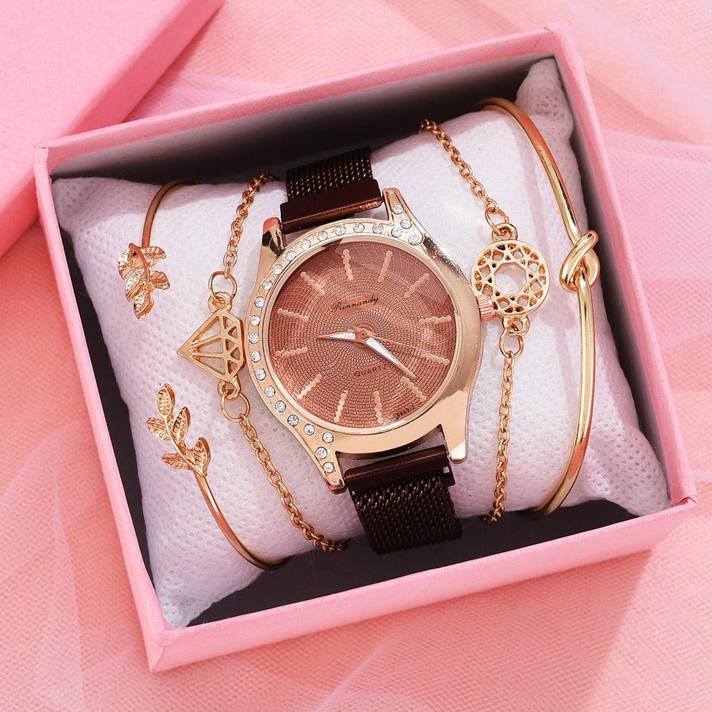 Montres Femme Nouvelle Montre à Quartz de Luxe à la Mode pour Dames, Horloge à Cadran Diamant Or Rose Robe Décontractée Montre-Bracelet Mouvement à Quartz Filles Dames Montre-Bracelet Grand Cadran Ceinture en Maille Montre et Ensemble Bracelet
