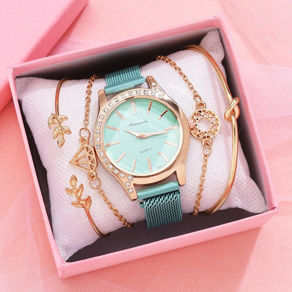 Montres Femme Nouvelle Montre à Quartz de Luxe à la Mode pour Dames, Horloge à Cadran Diamant Or Rose Robe Décontractée Montre-Bracelet Mouvement à Quartz Filles Dames Montre-Bracelet Grand Cadran Ceinture en Maille Montre et Ensemble Bracelet