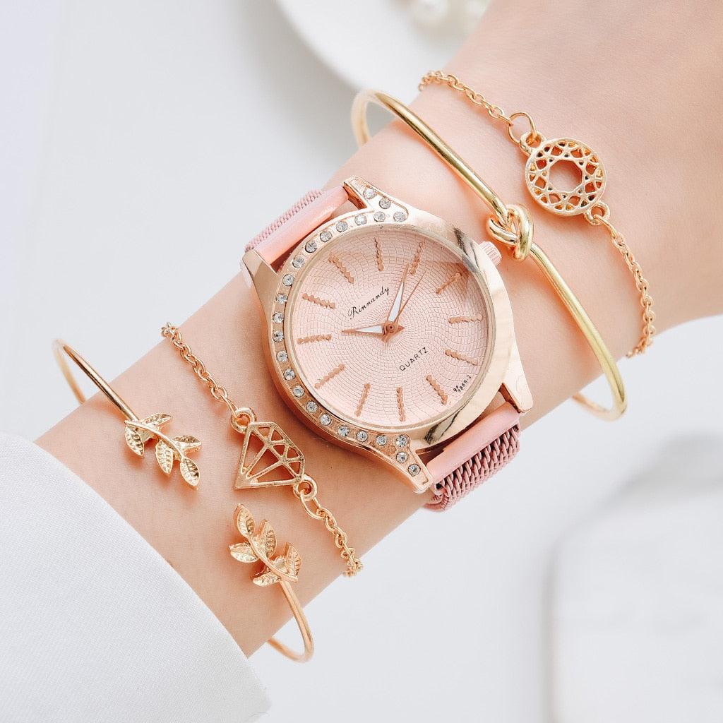 Montres Femme Nouvelle Montre à Quartz de Luxe à la Mode pour Dames, Horloge à Cadran Diamant Or Rose Robe Décontractée Montre-Bracelet Mouvement à Quartz Filles Dames Montre-Bracelet Grand Cadran Ceinture en Maille Montre et Ensemble Bracelet