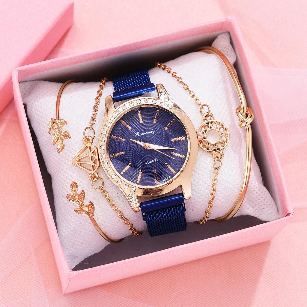 Montres Femme Nouvelle Montre à Quartz de Luxe à la Mode pour Dames, Horloge à Cadran Diamant Or Rose Robe Décontractée Montre-Bracelet Mouvement à Quartz Filles Dames Montre-Bracelet Grand Cadran Ceinture en Maille Montre et Ensemble Bracelet