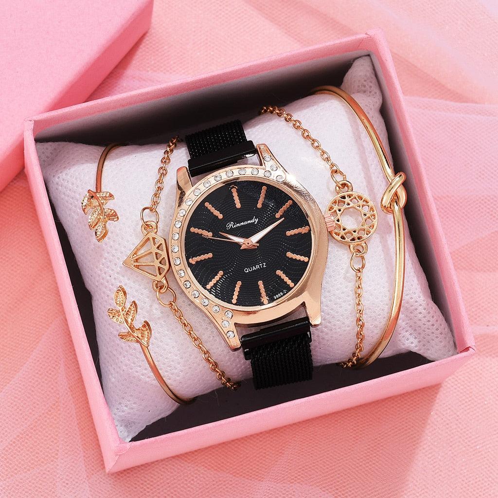 Montres Femme Nouvelle Montre à Quartz de Luxe à la Mode pour Dames, Horloge à Cadran Diamant Or Rose Robe Décontractée Montre-Bracelet Mouvement à Quartz Filles Dames Montre-Bracelet Grand Cadran Ceinture en Maille Montre et Ensemble Bracelet
