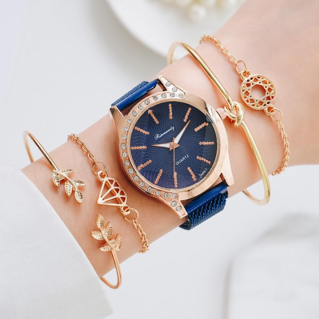 Montres Femme Nouvelle Montre à Quartz de Luxe à la Mode pour Dames, Horloge à Cadran Diamant Or Rose Robe Décontractée Montre-Bracelet Mouvement à Quartz Filles Dames Montre-Bracelet Grand Cadran Ceinture en Maille Montre et Ensemble Bracelet