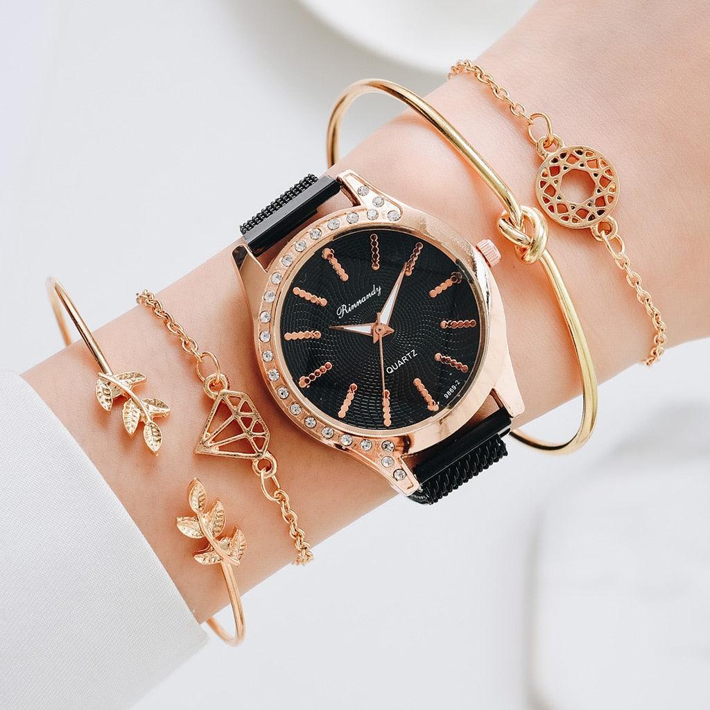 Montres Femme Nouvelle Montre à Quartz de Luxe à la Mode pour Dames, Horloge à Cadran Diamant Or Rose Robe Décontractée Montre-Bracelet Mouvement à Quartz Filles Dames Montre-Bracelet Grand Cadran Ceinture en Maille Montre et Ensemble Bracelet
