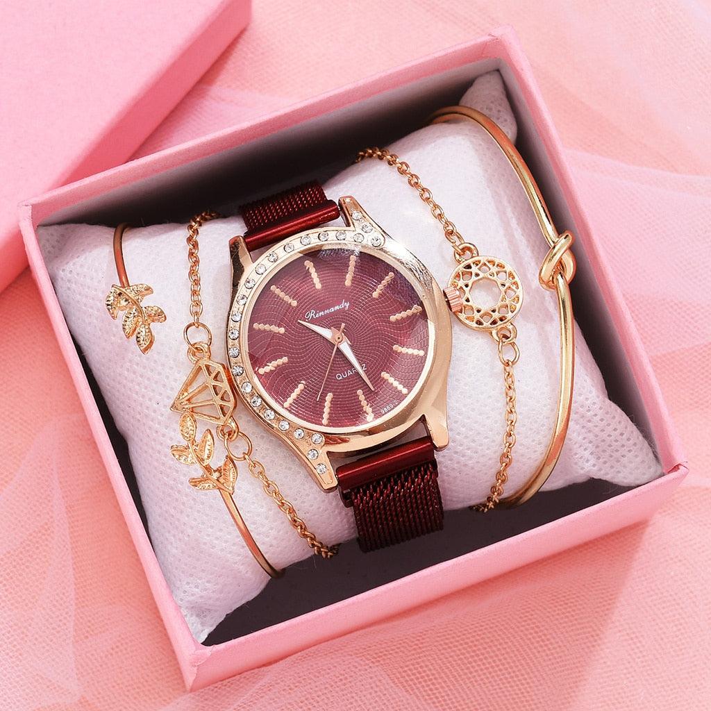 Montres Femme Nouvelle Montre à Quartz de Luxe à la Mode pour Dames, Horloge à Cadran Diamant Or Rose Robe Décontractée Montre-Bracelet Mouvement à Quartz Filles Dames Montre-Bracelet Grand Cadran Ceinture en Maille Montre et Ensemble Bracelet