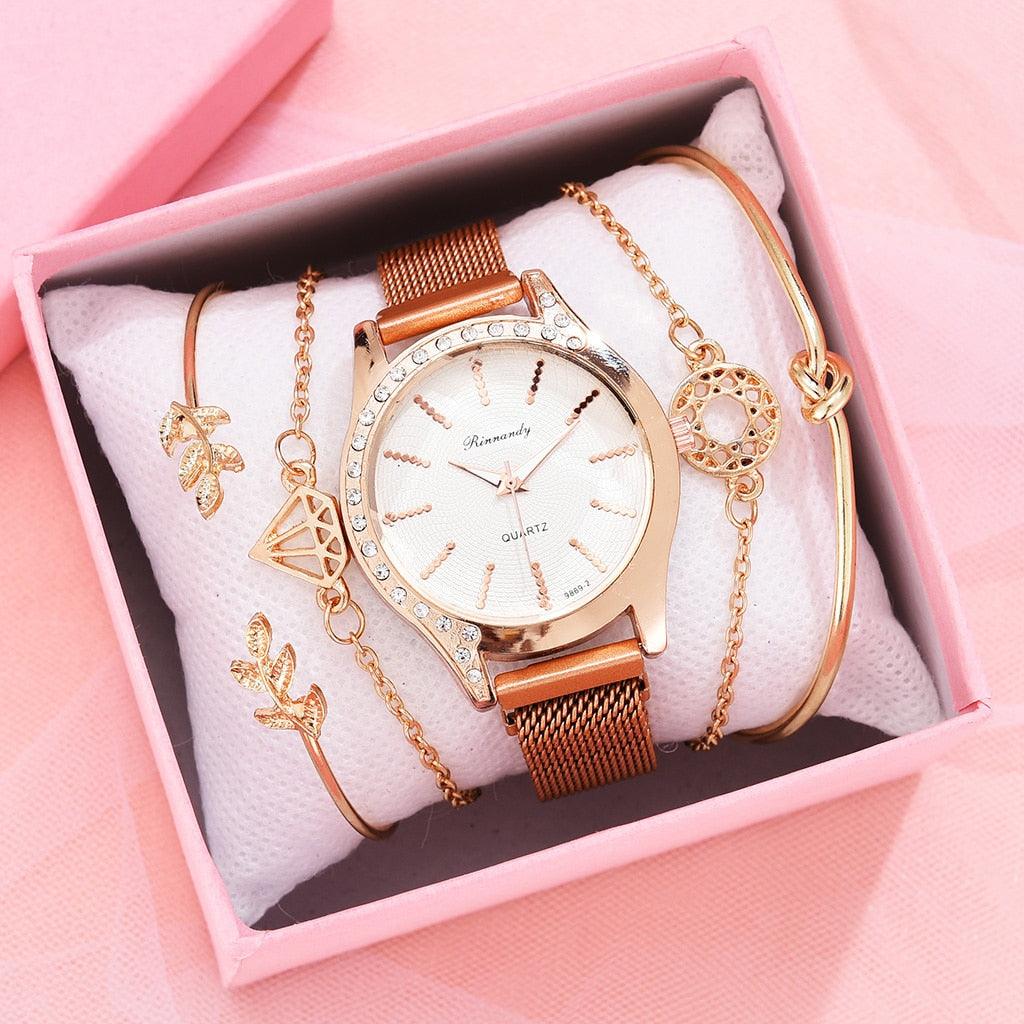 Montres Femme Nouvelle Montre à Quartz de Luxe à la Mode pour Dames, Horloge à Cadran Diamant Or Rose Robe Décontractée Montre-Bracelet Mouvement à Quartz Filles Dames Montre-Bracelet Grand Cadran Ceinture en Maille Montre et Ensemble Bracelet