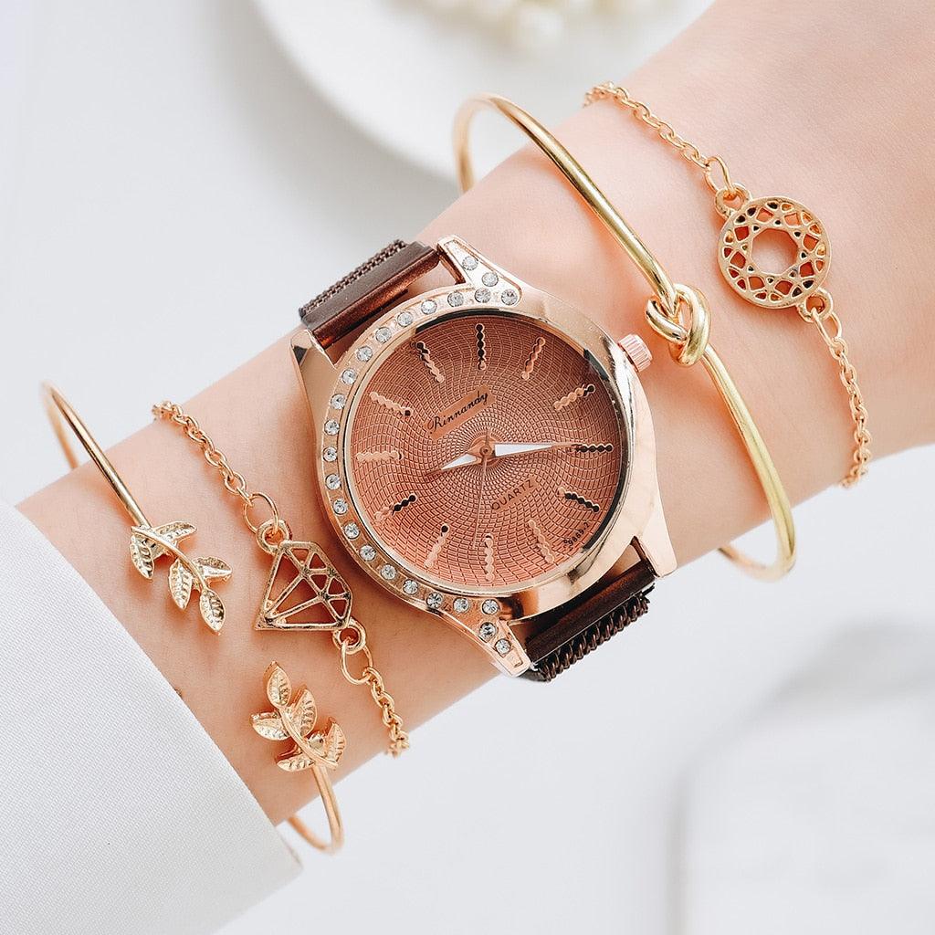 Montres Femme Nouvelle Montre à Quartz de Luxe à la Mode pour Dames, Horloge à Cadran Diamant Or Rose Robe Décontractée Montre-Bracelet Mouvement à Quartz Filles Dames Montre-Bracelet Grand Cadran Ceinture en Maille Montre et Ensemble Bracelet