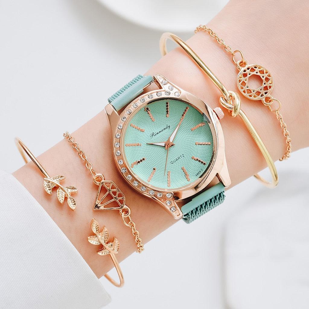 Montres Femme Nouvelle Montre à Quartz de Luxe à la Mode pour Dames, Horloge à Cadran Diamant Or Rose Robe Décontractée Montre-Bracelet Mouvement à Quartz Filles Dames Montre-Bracelet Grand Cadran Ceinture en Maille Montre et Ensemble Bracelet