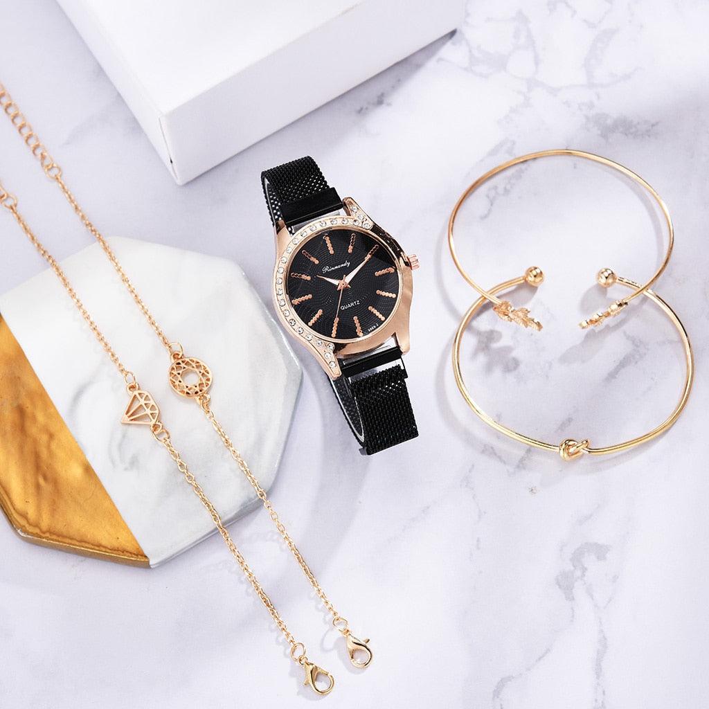 Montres Femme Nouvelle Montre à Quartz de Luxe à la Mode pour Dames, Horloge à Cadran Diamant Or Rose Robe Décontractée Montre-Bracelet Mouvement à Quartz Filles Dames Montre-Bracelet Grand Cadran Ceinture en Maille Montre et Ensemble Bracelet