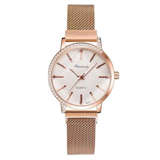Montres Femme Nouvelle Montre à Quartz de Luxe à la Mode pour Dames, Horloge à Cadran Diamant Or Rose Robe Décontractée Montre-Bracelet Mouvement à Quartz Filles Dames Montre-Bracelet Grand Cadran Ceinture en Maille Montre et Ensemble Bracelet