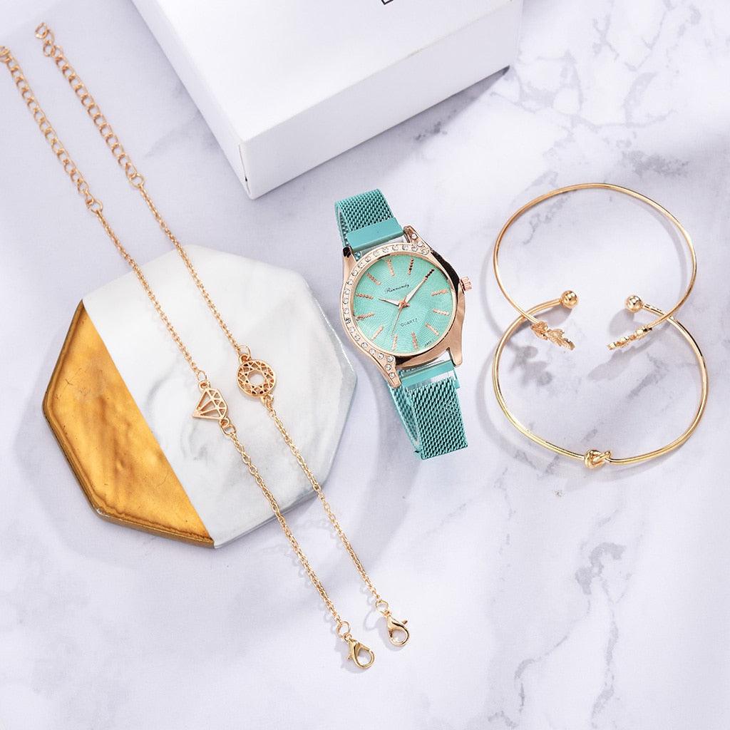 Montres Femme Nouvelle Montre à Quartz de Luxe à la Mode pour Dames, Horloge à Cadran Diamant Or Rose Robe Décontractée Montre-Bracelet Mouvement à Quartz Filles Dames Montre-Bracelet Grand Cadran Ceinture en Maille Montre et Ensemble Bracelet