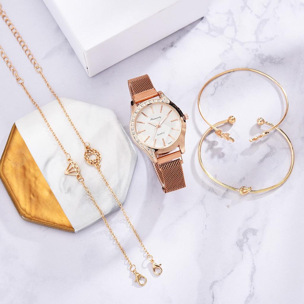 Montres Femme Nouvelle Montre à Quartz de Luxe à la Mode pour Dames, Horloge à Cadran Diamant Or Rose Robe Décontractée Montre-Bracelet Mouvement à Quartz Filles Dames Montre-Bracelet Grand Cadran Ceinture en Maille Montre et Ensemble Bracelet