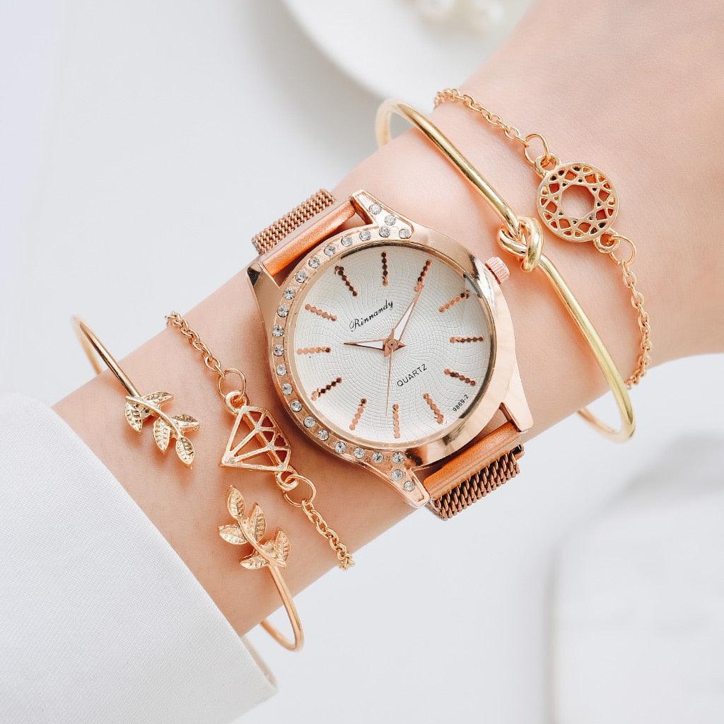 Montres Femme Nouvelle Montre à Quartz de Luxe à la Mode pour Dames, Horloge à Cadran Diamant Or Rose Robe Décontractée Montre-Bracelet Mouvement à Quartz Filles Dames Montre-Bracelet Grand Cadran Ceinture en Maille Montre et Ensemble Bracelet