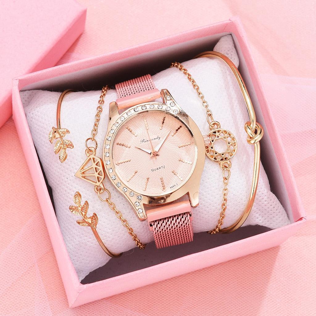 Montres Femme Nouvelle Montre à Quartz de Luxe à la Mode pour Dames, Horloge à Cadran Diamant Or Rose Robe Décontractée Montre-Bracelet Mouvement à Quartz Filles Dames Montre-Bracelet Grand Cadran Ceinture en Maille Montre et Ensemble Bracelet