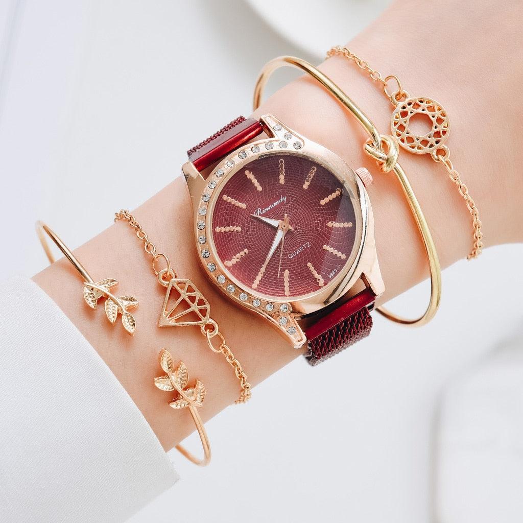 Montres Femme Nouvelle Montre à Quartz de Luxe à la Mode pour Dames, Horloge à Cadran Diamant Or Rose Robe Décontractée Montre-Bracelet Mouvement à Quartz Filles Dames Montre-Bracelet Grand Cadran Ceinture en Maille Montre et Ensemble Bracelet