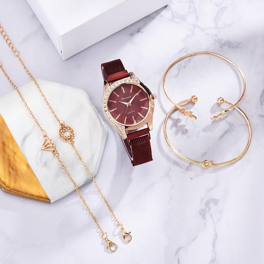 Montres Femme Nouvelle Montre à Quartz de Luxe à la Mode pour Dames, Horloge à Cadran Diamant Or Rose Robe Décontractée Montre-Bracelet Mouvement à Quartz Filles Dames Montre-Bracelet Grand Cadran Ceinture en Maille Montre et Ensemble Bracelet