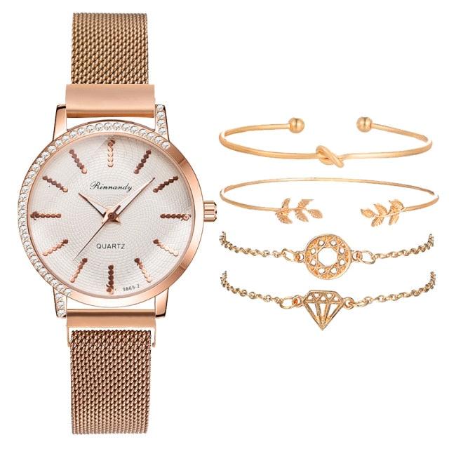 Montres Femme Nouvelle Montre à Quartz de Luxe à la Mode pour Dames, Horloge à Cadran Diamant Or Rose Robe Décontractée Montre-Bracelet Mouvement à Quartz Filles Dames Montre-Bracelet Grand Cadran Ceinture en Maille Montre et Ensemble Bracelet