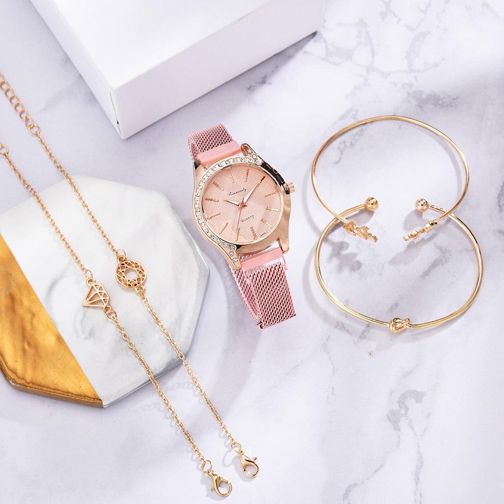 Montres Femme Nouvelle Montre à Quartz de Luxe à la Mode pour Dames, Horloge à Cadran Diamant Or Rose Robe Décontractée Montre-Bracelet Mouvement à Quartz Filles Dames Montre-Bracelet Grand Cadran Ceinture en Maille Montre et Ensemble Bracelet