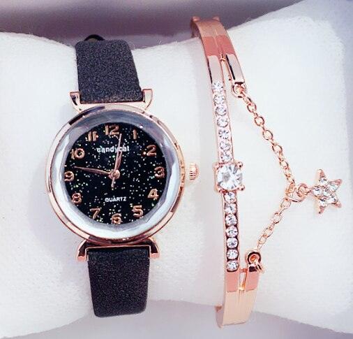 Montres Femme Montre Bracelet Ciel Étoilé Montre Bracelet Décontractée en Cuir Quartz Montre-Bracelet en Cuir Tendance Affichage Analogique Classique Romantique avec Ensemble Bracelet Bijoux