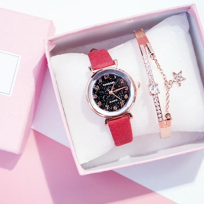 Montres Femme Montre Bracelet Ciel Étoilé Montre Bracelet Décontractée en Cuir Quartz Montre-Bracelet en Cuir Tendance Affichage Analogique Classique Romantique avec Ensemble Bracelet Bijoux