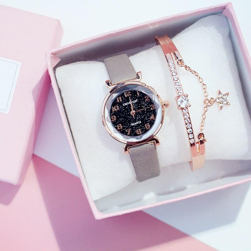 Montres Femme Montre Bracelet Ciel Étoilé Montre Bracelet Décontractée en Cuir Quartz Montre-Bracelet en Cuir Tendance Affichage Analogique Classique Romantique avec Ensemble Bracelet Bijoux