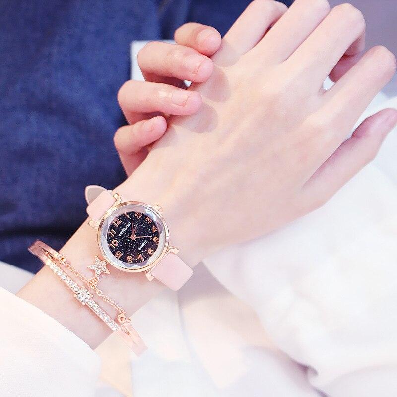 Montres Femme Montre Bracelet Ciel Étoilé Montre Bracelet Décontractée en Cuir Quartz Montre-Bracelet en Cuir Tendance Affichage Analogique Classique Romantique avec Ensemble Bracelet Bijoux