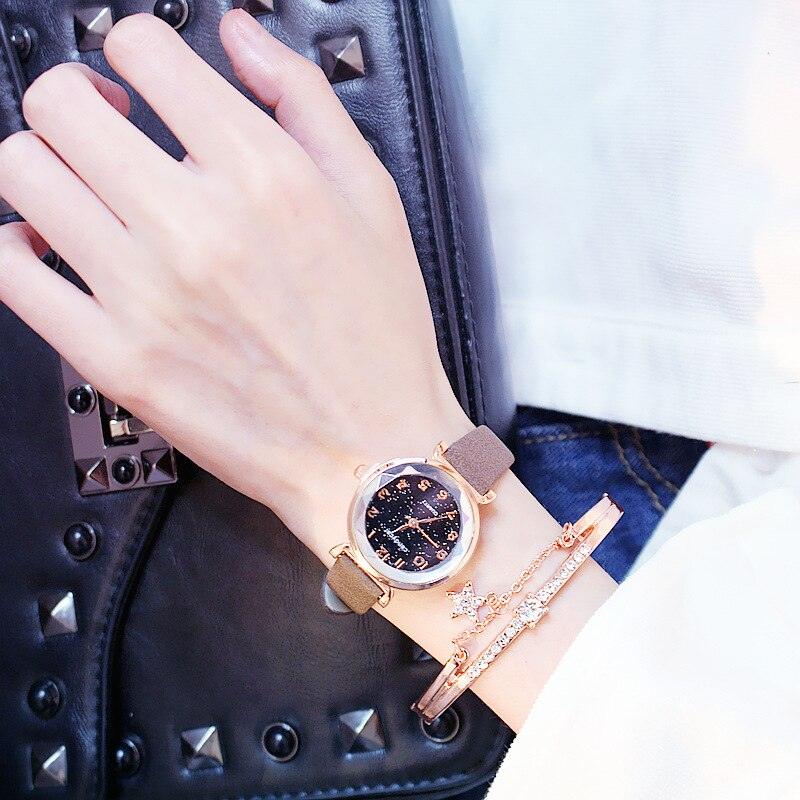 Montres Femme Montre Bracelet Ciel Étoilé Montre Bracelet Décontractée en Cuir Quartz Montre-Bracelet en Cuir Tendance Affichage Analogique Classique Romantique avec Ensemble Bracelet Bijoux