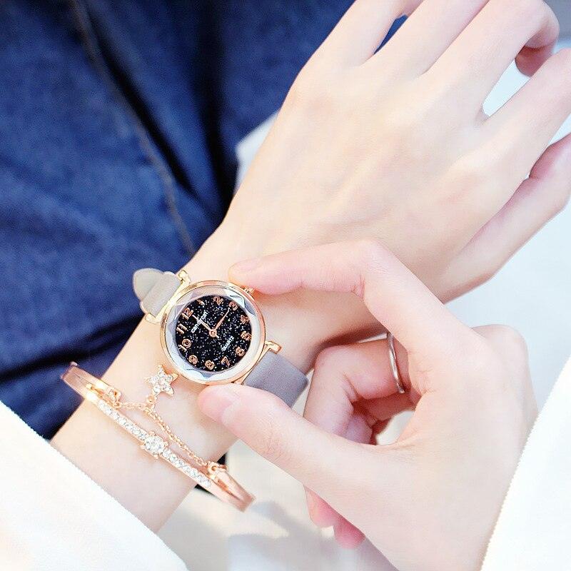 Montres Femme Montre Bracelet Ciel Étoilé Montre Bracelet Décontractée en Cuir Quartz Montre-Bracelet en Cuir Tendance Affichage Analogique Classique Romantique avec Ensemble Bracelet Bijoux