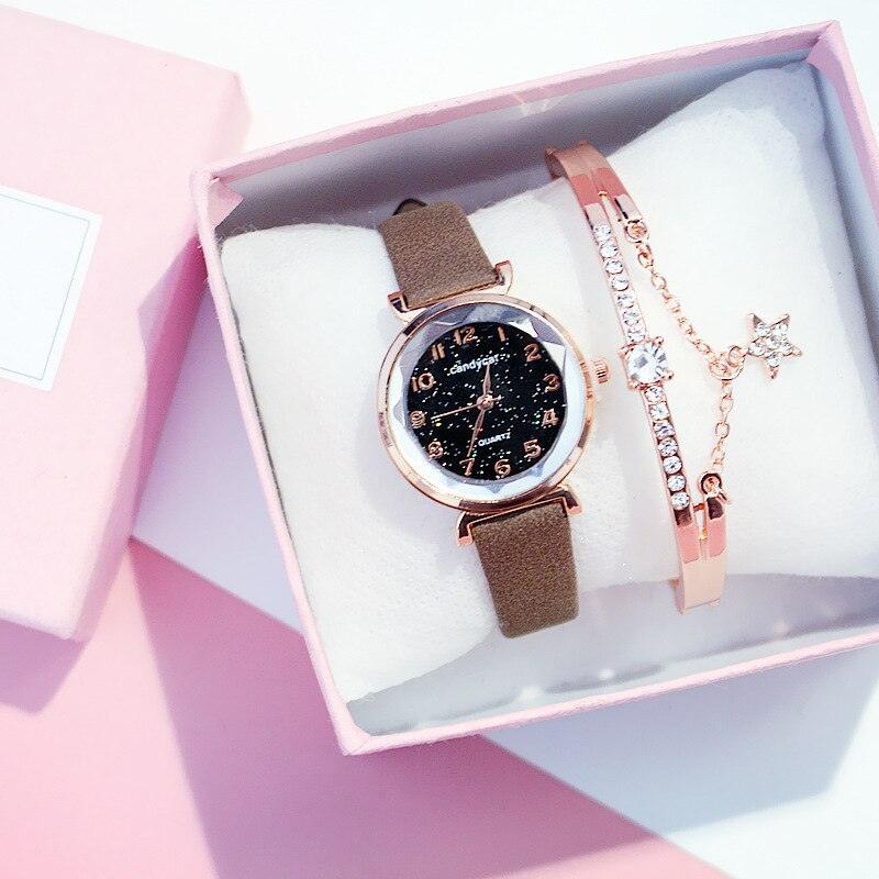 Montres Femme Montre Bracelet Ciel Étoilé Montre Bracelet Décontractée en Cuir Quartz Montre-Bracelet en Cuir Tendance Affichage Analogique Classique Romantique avec Ensemble Bracelet Bijoux