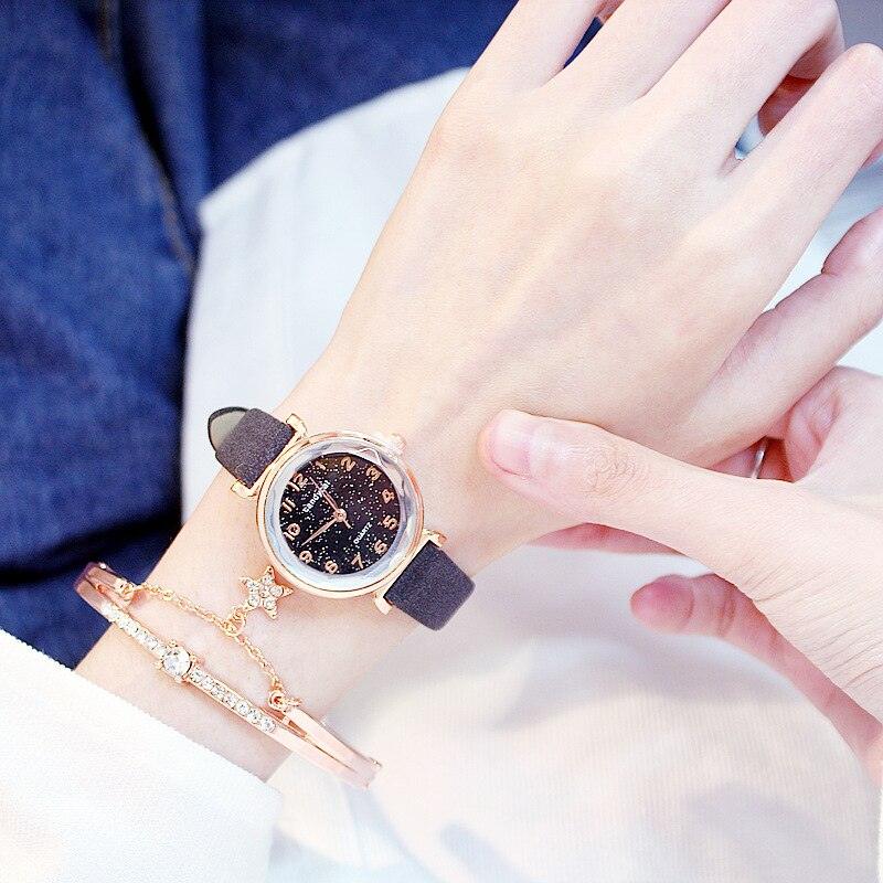 Montres Femme Montre Bracelet Ciel Étoilé Montre Bracelet Décontractée en Cuir Quartz Montre-Bracelet en Cuir Tendance Affichage Analogique Classique Romantique avec Ensemble Bracelet Bijoux