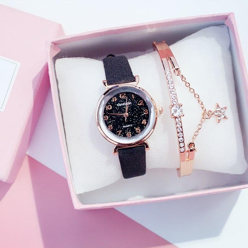 Montres Femme Montre Bracelet Ciel Étoilé Montre Bracelet Décontractée en Cuir Quartz Montre-Bracelet en Cuir Tendance Affichage Analogique Classique Romantique avec Ensemble Bracelet Bijoux