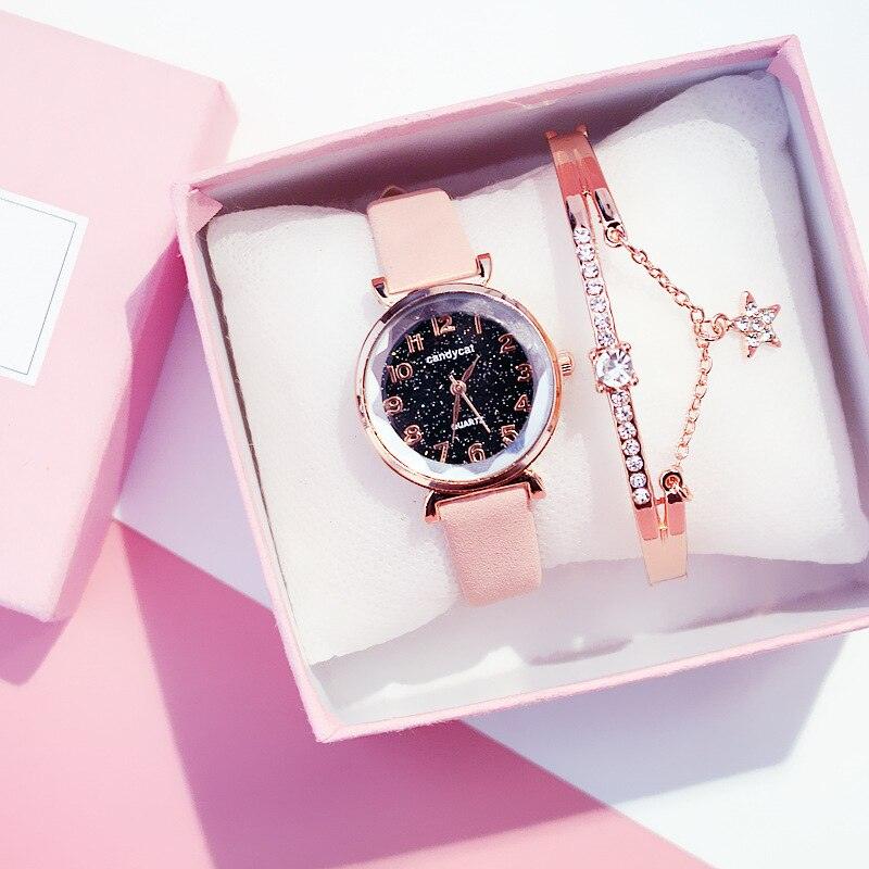 Montres Femme Montre Bracelet Ciel Étoilé Montre Bracelet Décontractée en Cuir Quartz Montre-Bracelet en Cuir Tendance Affichage Analogique Classique Romantique avec Ensemble Bracelet Bijoux
