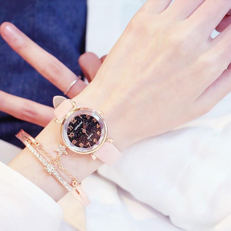 Montres Femme Montre Bracelet Ciel Étoilé Montre Bracelet Décontractée en Cuir Quartz Montre-Bracelet en Cuir Tendance Affichage Analogique Classique Romantique avec Ensemble Bracelet Bijoux