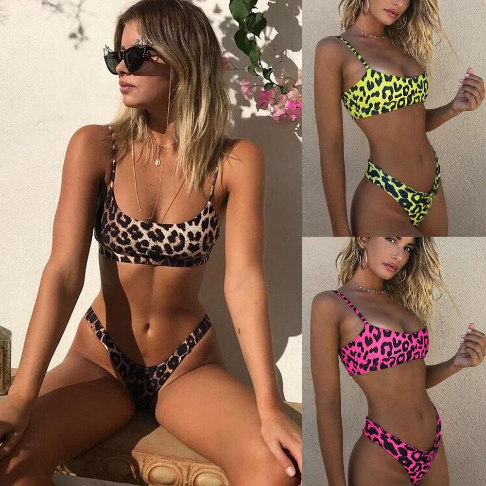 Maillot de bain bikini pour femme, ensemble de bikini léopard de plage, maillot de bain à col carré et larges bretelles pour femme, ensemble de bikini effronté taille haute, maillot de bain 2 pièces, maillot de bain push-up imitation peau de serpent