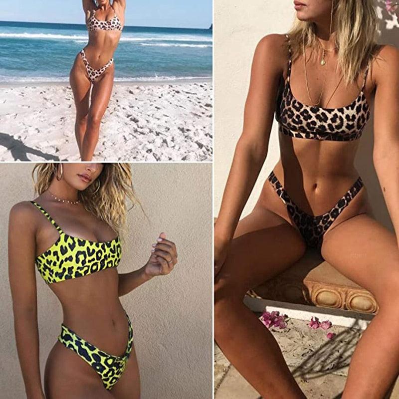 Maillot de bain bikini pour femme, ensemble de bikini léopard de plage, maillot de bain à col carré et larges bretelles pour femme, ensemble de bikini effronté taille haute, maillot de bain 2 pièces, maillot de bain push-up imitation peau de serpent
