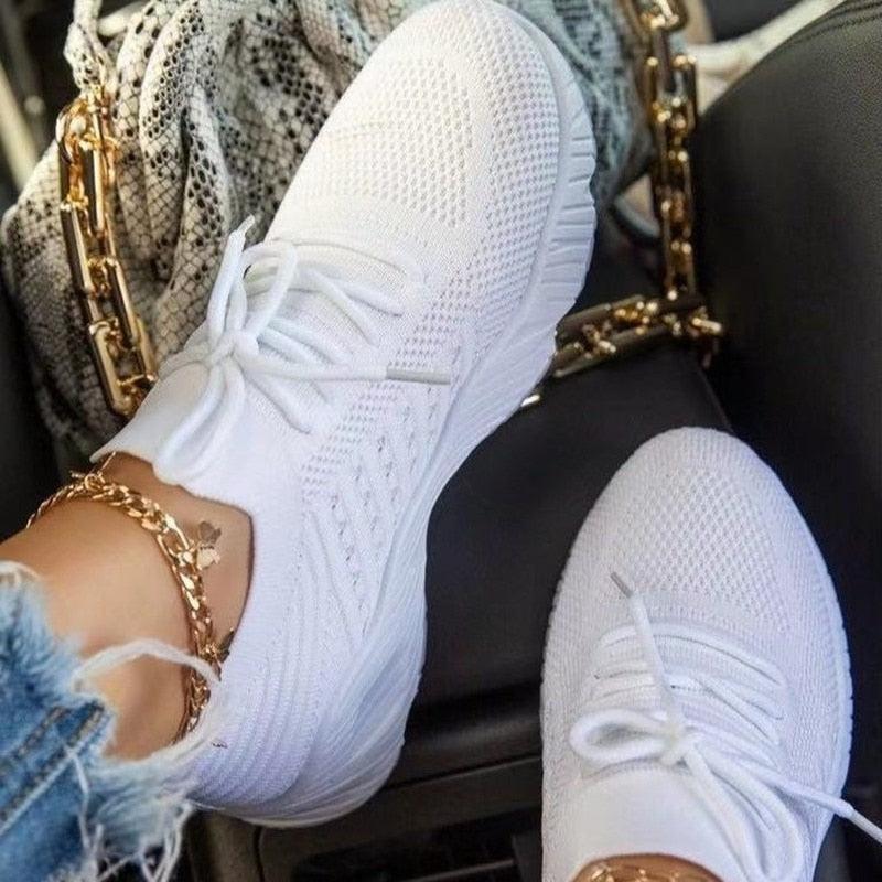 Baskets Blanches pour Femmes, Semelle Épaisse, Confortables, Respirantes, Été, Extérieur, à Lacets, Plates, Tendance, Légères