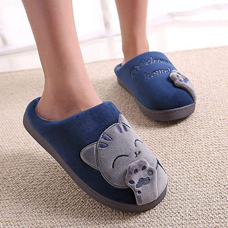 Chaussons d'hiver chauds pour femmes, chaussures de couple en peluche motif chat, chaussures plates douces d'intérieur, confortables, en mousse à mémoire de forme, chaussons chauds à enfiler pour la maison