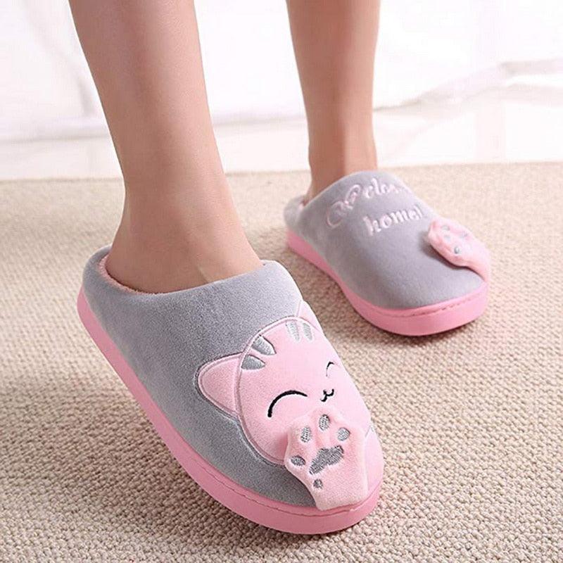 Chaussons d'hiver chauds pour femmes, chaussures de couple en peluche motif chat, chaussures plates douces d'intérieur, confortables, en mousse à mémoire de forme, chaussons chauds à enfiler pour la maison