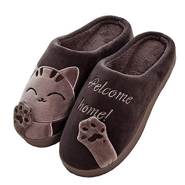 Chaussons d'hiver chauds pour femmes, chaussures de couple en peluche motif chat, chaussures plates douces d'intérieur, confortables, en mousse à mémoire de forme, chaussons chauds à enfiler pour la maison